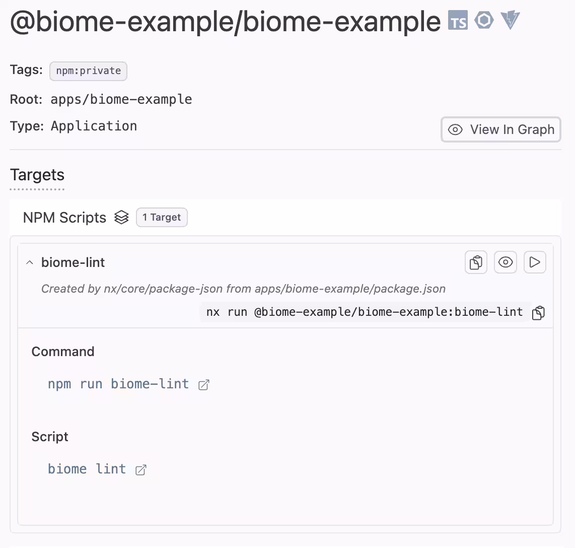 Screenshot of Nx Console showing npm scripts available as targets